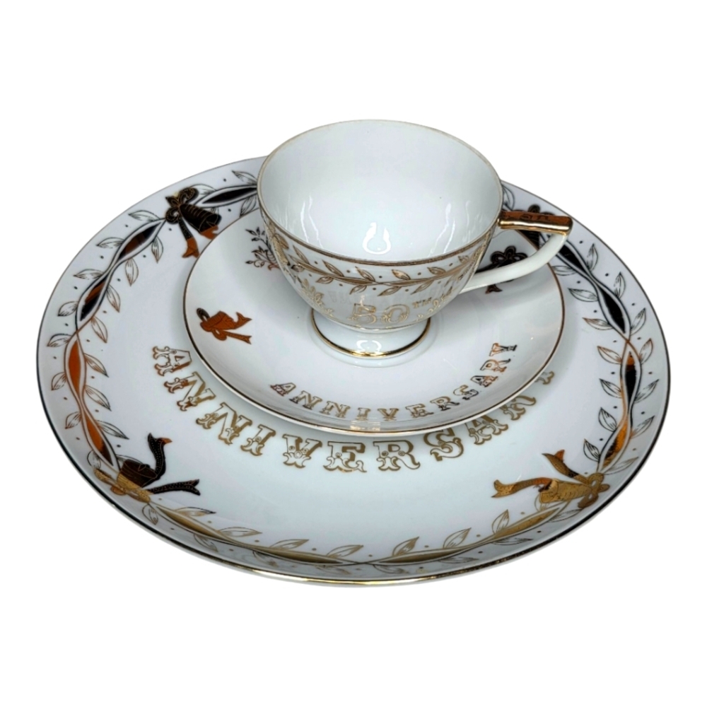 Vintage Lefton China 50th Anniversary Tea Cup Saucer Plate Set Gold